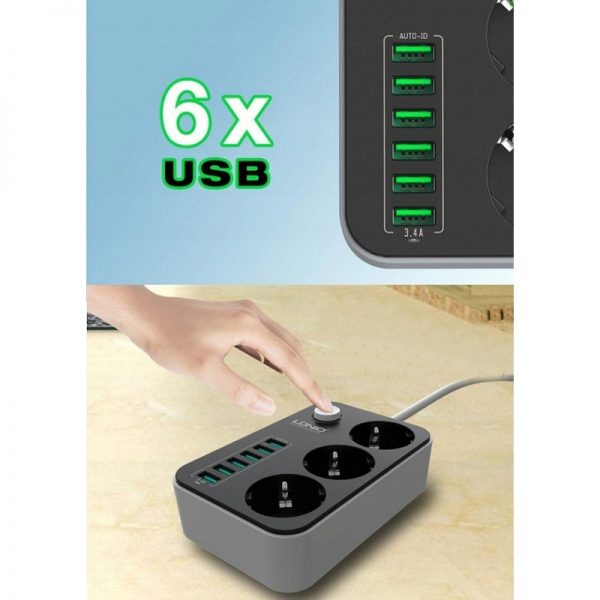 Prelungitor LDNIO cu 3 prize 220V si 6 porturi USB, negru