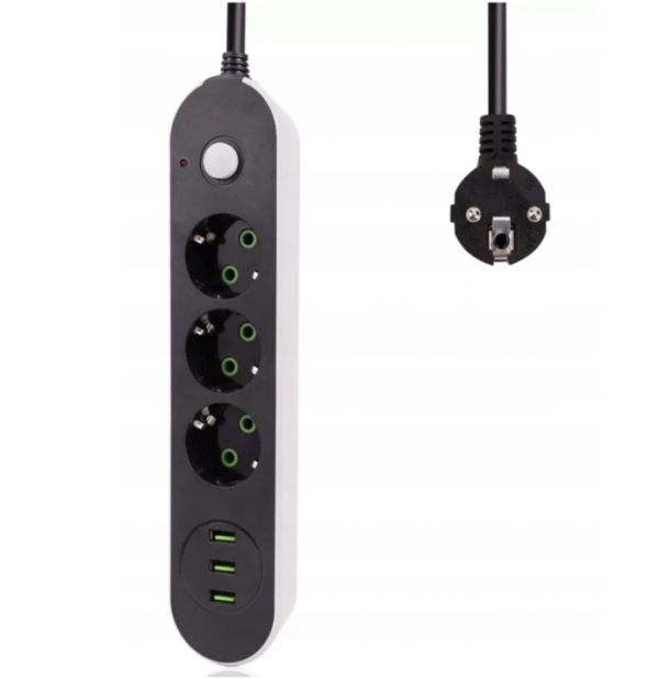 Prelungitor 2500W cu 3 prize si 3 porturi USB, Gonga, culoaremodel Negru