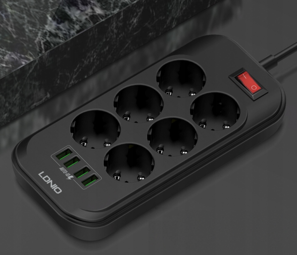 Prelungitor cu 6 prize 220V si 4 porturi USB, negru, culoaremodel Negru