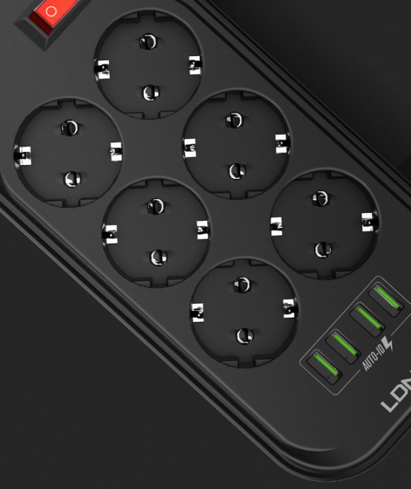 Prelungitor cu 6 prize 220V si 4 porturi USB, negru, culoaremodel Negru