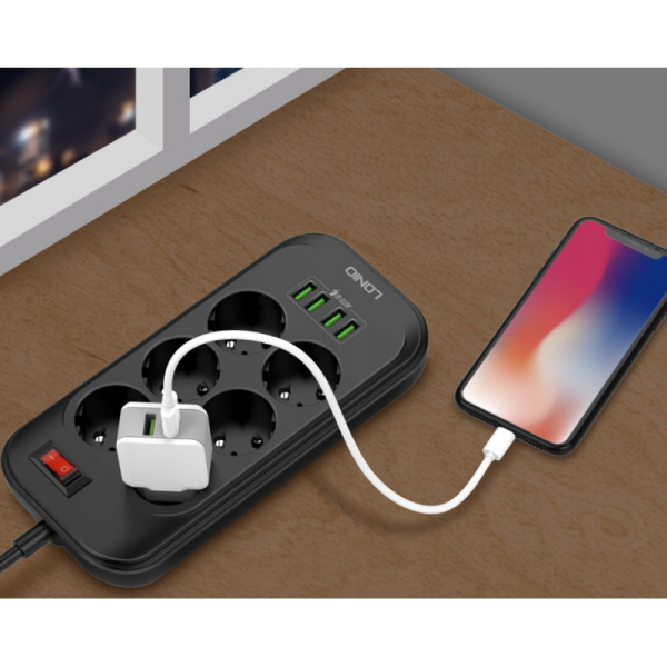 Prelungitor cu 6 prize 220V si 4 porturi USB, negru, culoaremodel Negru