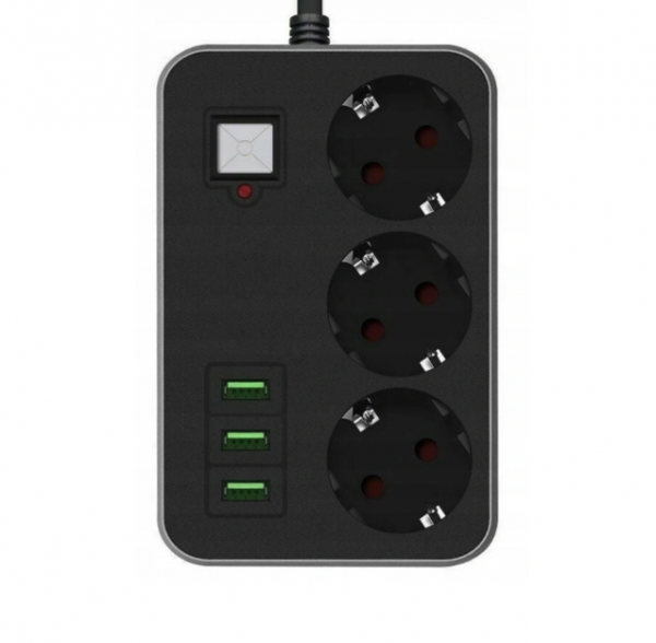 Prelungitor cu 3 prize 220V si 3 porturi USB, negru, culoaremodel Negru