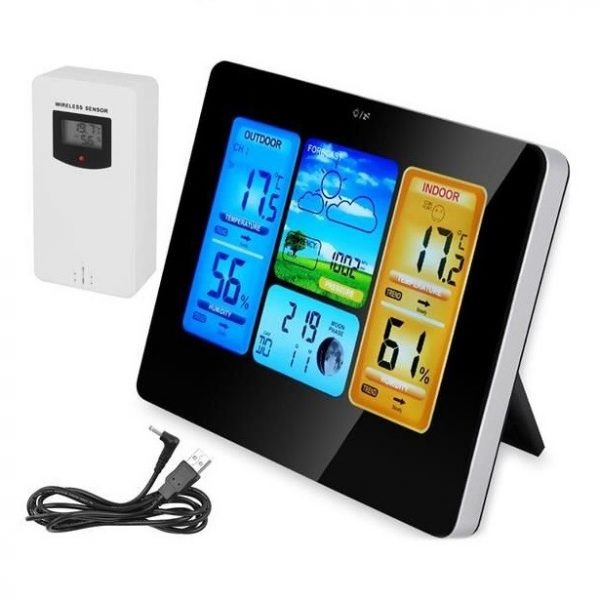 Statie meteo wireless, afisaj LCD color, functie alarma, calendar, fazele lunii, negru