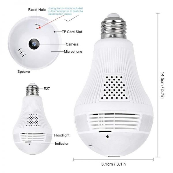Bec cu camera supraveghere WIFI, panoramica 360° fisheye, senzor de miscare, Gonga®