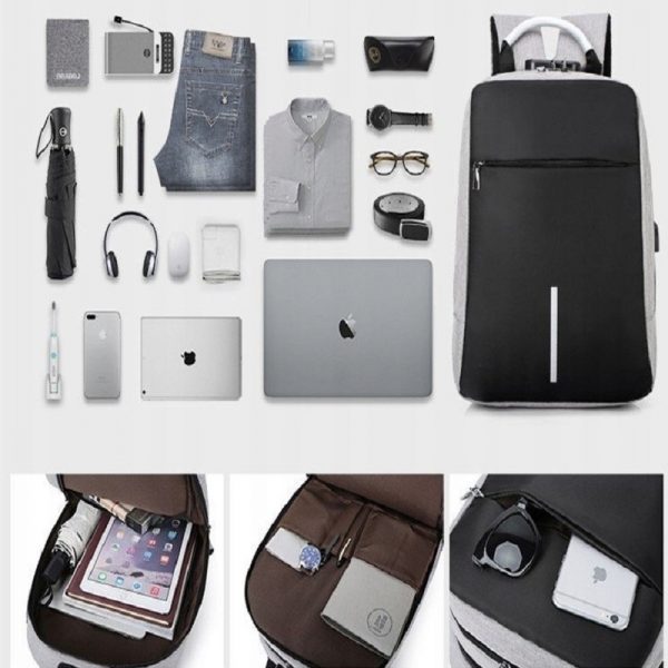 Rucsac cu cifru si port USB, impermeabil, Gonga®, culoaremodel Gri