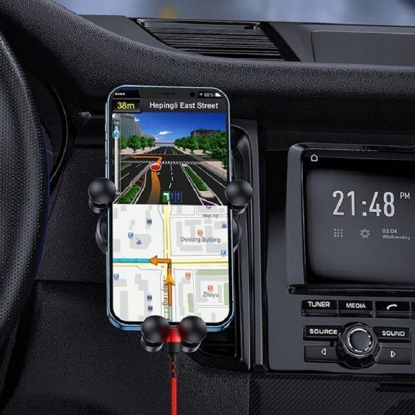 Suport auto telefon GRAVITY, 5 puncte sustinere, prindere grila ventilatie, Gonga®, culoaremodel Negru